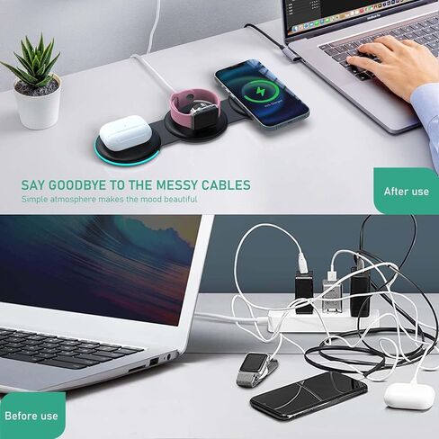 DREU 3 in 1 Wireless Charging Station, Foldable Charging Pad, Compatible with MagSafe for Multiple Devices for iPhone 15/14/13/12/11/XS/Pro Max/X/XR/8, Apple Watch 2-8,Airpods Pro/2/3,Samsung-WT in Saudi Arabia