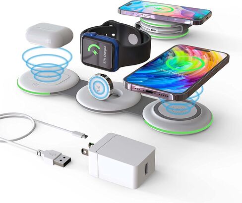قاعدة شحن لاسلكية 3 في 1 من DREU، لوحة شحن قابلة للطي، متوافقة مع MagSafe لأجهزة متعددة لهواتف iPhone 15/14/13/12/11/XS/Pro Max/X/XR/8، Apple Watch 2-8، Airpods Pro/ 2/3، سامسونج-WT in Saudi Arabia