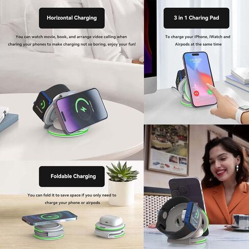 قاعدة شحن لاسلكية 3 في 1 من DREU، لوحة شحن قابلة للطي، متوافقة مع MagSafe لأجهزة متعددة لهواتف iPhone 15/14/13/12/11/XS/Pro Max/X/XR/8، Apple Watch 2-8، Airpods Pro/ 2/3، سامسونج-WT in Saudi Arabia