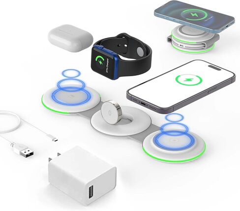قاعدة شحن لاسلكية 3 في 1 من DREU، لوحة شحن قابلة للطي، متوافقة مع MagSafe لأجهزة متعددة لهواتف iPhone 15/14/13/12/11/XS/Pro Max/X/XR/8، Apple Watch 2-8، Airpods Pro/ 2/3، سامسونج-WT in Saudi Arabia