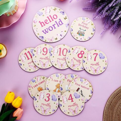 13PCS Butterfly Wooden Monthly Photo Cards, Butterfly Newborn Gift for Girls and Boys, Hello World Newborn Photo Booth Props for Butterfly Baby Shower Pregnancy Announcement Party Decorations in Saudi Arabia
