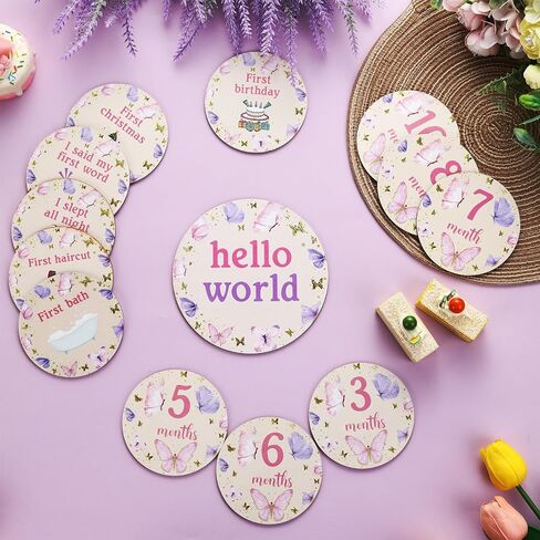 13PCS Butterfly Wooden Monthly Photo Cards, Butterfly Newborn Gift for Girls and Boys, Hello World Newborn Photo Booth Props for Butterfly Baby Shower Pregnancy Announcement Party Decorations in Saudi Arabia