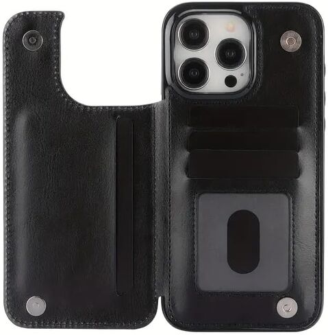 Case for iPhone 15 Pro Max with Card Holder, PU Faux Leather Case, Kickstand, Shockproof (Black), AA0096 in Saudi Arabia