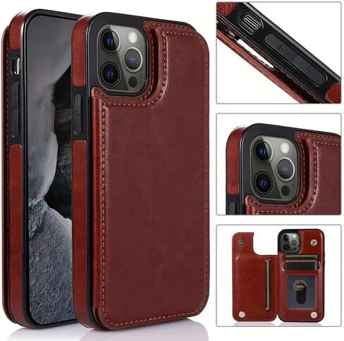 Case for iPhone 15 Pro Max with Card Holder, PU Faux Leather Case, Kickstand, Shockproof (Black), AA0096 in Saudi Arabia