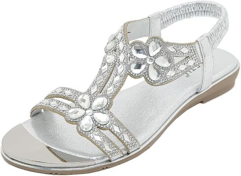 Meeshine Women's Ankle Strap Rhinestone Flat Sandals Casual Flower Beaded Bohemian Comfortable Beach Dressy Shoes in Saudi Arabia