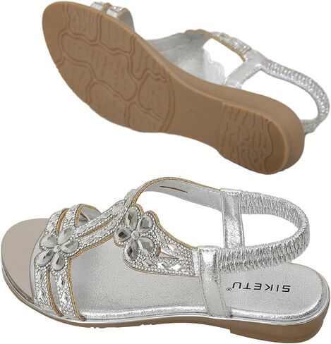Meeshine Women's Ankle Strap Rhinestone Flat Sandals Casual Flower Beaded Bohemian Comfortable Beach Dressy Shoes in Saudi Arabia
