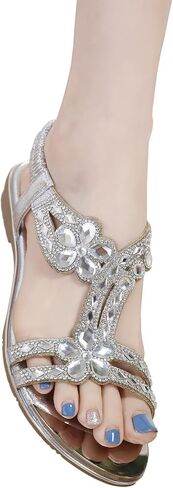 Meeshine Women's Ankle Strap Rhinestone Flat Sandals Casual Flower Beaded Bohemian Comfortable Beach Dressy Shoes in Saudi Arabia