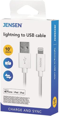 JENSEN Lightning to USB Cable, 10 ft, White in Kuwait
