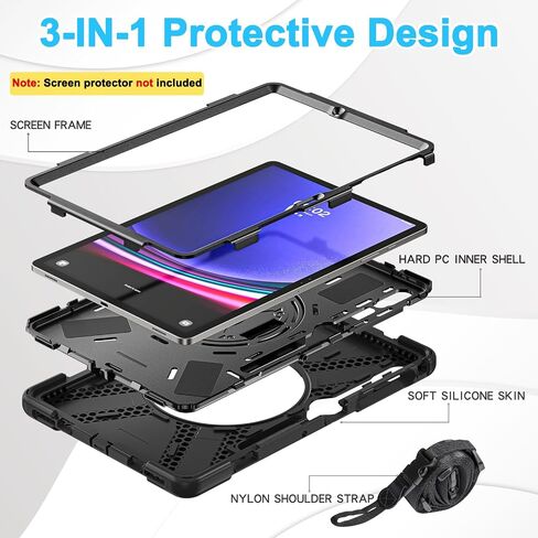 BRAECN Samsung Galaxy Tab S9 Plus/S9 FE+/S8 Plus/S7 Plus/S7 FE Case 12.4 Inch,Heavy Duty Shockproof Case with S Pen Holder& 360 Rotating Hand Strap/Kickstand Shoulder Strap for Galaxy Tab S8+-Black in Saudi Arabia