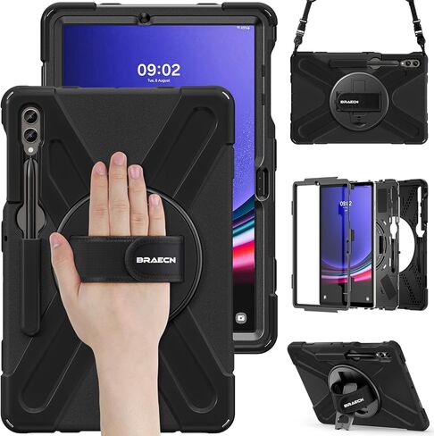 BRAECN Samsung Galaxy Tab S9 Plus/S9 FE+/S8 Plus/S7 Plus/S7 FE Case 12.4 Inch,Heavy Duty Shockproof Case with S Pen Holder& 360 Rotating Hand Strap/Kickstand Shoulder Strap for Galaxy Tab S8+-Black in Saudi Arabia