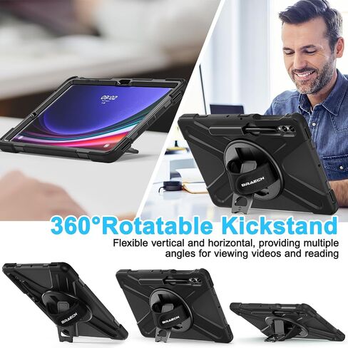 BRAECN Samsung Galaxy Tab S9 Plus/S9 FE+/S8 Plus/S7 Plus/S7 FE Case 12.4 Inch,Heavy Duty Shockproof Case with S Pen Holder& 360 Rotating Hand Strap/Kickstand Shoulder Strap for Galaxy Tab S8+-Black in Saudi Arabia