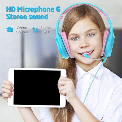 سماعات رأس WixGear للأطفال مقاس 85/94 ديسيبل، سماعات رأس فوق الأذن للفتيات والأولاد، سماعات رأس سلكية قابلة للطي للأطفال الصغار F iPad/الكمبيوتر اللوحي/السفر، أزرق فاتح وردي (ميكروفون معقوفة جديد) in Kuwait