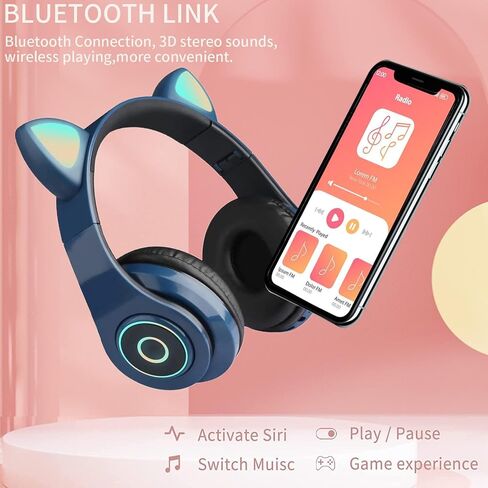 سماعات رأس لاسلكية للأطفال، سماعات رأس بلوتوث قابلة للطي بإضاءة LED على شكل أذن القطة فوق الأذن مع ميكروفون، سماعات رأس بلوتوث لاسلكية للأطفال، صوت ستيريو، راديو FM/بطاقة TF، سماعة رأس للأطفال للأولاد والبنات in Saudi Arabia
