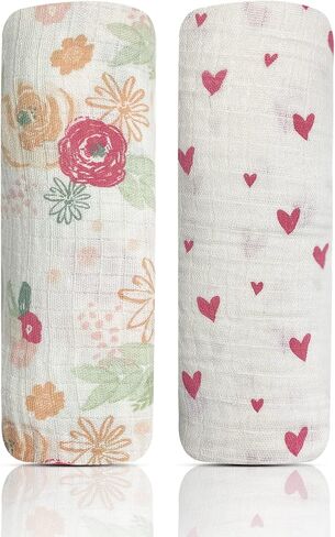 بطانيات قماط من الموسلين الحديثة للأطفال حديثي الولادة، عبوة من قطعتين من أغطية الأطفال الناعمة للفتيات الصغيرات 100% قطن، زهور الخوخ in Kuwait