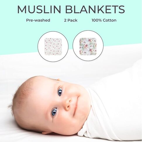 بطانيات قماط من الموسلين الحديثة للأطفال حديثي الولادة، عبوة من قطعتين من أغطية الأطفال الناعمة للفتيات الصغيرات 100% قطن، زهور الخوخ in Kuwait