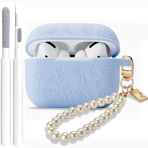 Flower Engraved Case for Airpods Pro 2nd/1st Generation Case with Cleaner Kit, Silicone Airpod Pro Protective Cover with Luxury Pearl Keychain for iPods Pro 2/1 Case 2023 2022 2019, Pine Green in Saudi Arabia