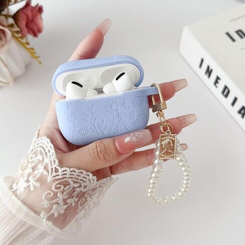 Flower Engraved Case for Airpods Pro 2nd/1st Generation Case with Cleaner Kit, Silicone Airpod Pro Protective Cover with Luxury Pearl Keychain for iPods Pro 2/1 Case 2023 2022 2019, Pine Green in Saudi Arabia