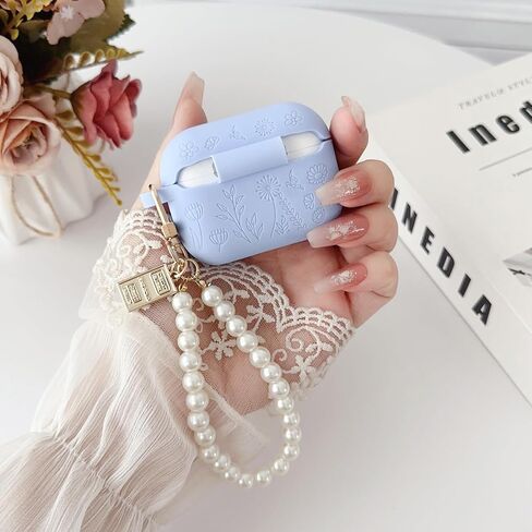 Flower Engraved Case for Airpods Pro 2nd/1st Generation Case with Cleaner Kit, Silicone Airpod Pro Protective Cover with Luxury Pearl Keychain for iPods Pro 2/1 Case 2023 2022 2019, Pine Green in Saudi Arabia