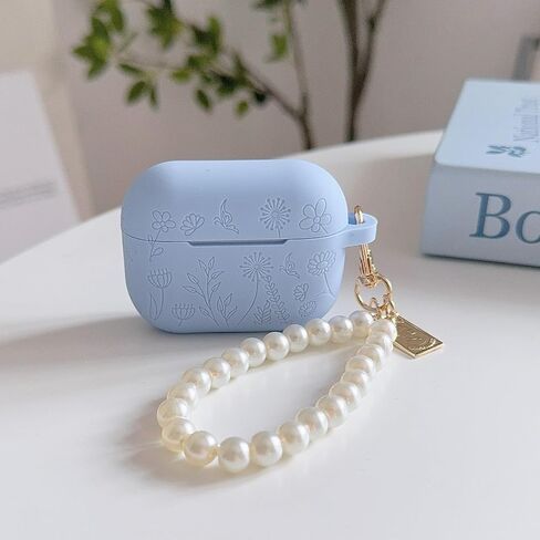 Flower Engraved Case for Airpods Pro 2nd/1st Generation Case with Cleaner Kit, Silicone Airpod Pro Protective Cover with Luxury Pearl Keychain for iPods Pro 2/1 Case 2023 2022 2019, Pine Green in Saudi Arabia