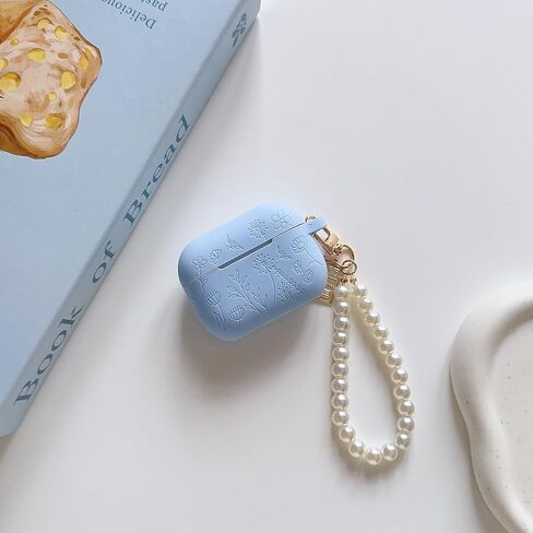 Flower Engraved Case for Airpods Pro 2nd/1st Generation Case with Cleaner Kit, Silicone Airpod Pro Protective Cover with Luxury Pearl Keychain for iPods Pro 2/1 Case 2023 2022 2019, Pine Green in Saudi Arabia