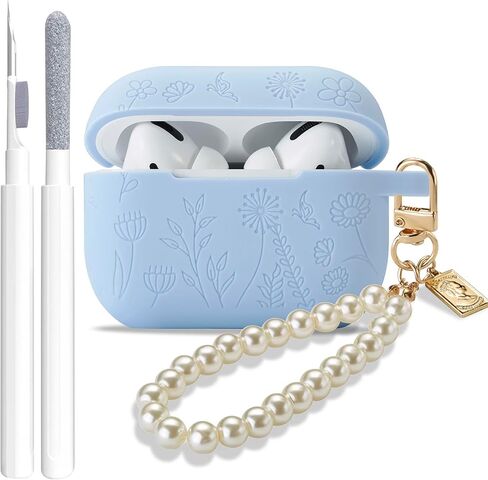 Flower Engraved Case for Airpods Pro 2nd/1st Generation Case with Cleaner Kit, Silicone Airpod Pro Protective Cover with Luxury Pearl Keychain for iPods Pro 2/1 Case 2023 2022 2019, Pine Green in Saudi Arabia