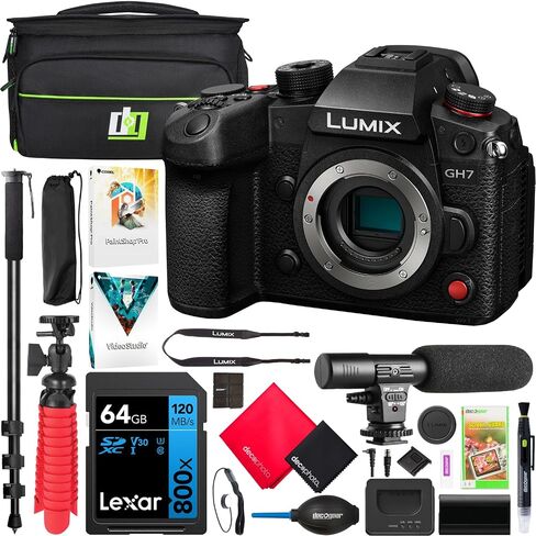 حزمة كاميرا Panasonic LUMIX GH7 Micro Four Thirds بدون مرآة DC-GH7BODY، بما في ذلك حقيبة التصوير الفوتوغرافي Deco Gear + ميكروفون + Monopod + بطاقة ذاكرة سعة 64 جيجابايت + مجموعة برامج وملحقات in Saudi Arabia