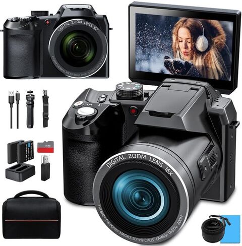 كاميرا رقمية بدقة 64 ميجابكسل للتصوير الفوتوغرافي والفيديو، وكاميرا تسجيل فيديو بدقة 4K لليوتيوب مع شاشة قلاب مقاس 3 بوصات، وتكبير رقمي 16X، وواي فاي وتركيز تلقائي، وحزام كاميرات وحامل ثلاثي القوائم، وبطاريتين، وبطاقة TF سعة 32 جيجابايت (S200، أسود) in Kuwait