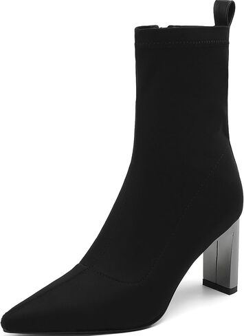 Short Black Boots Ankle Booties Pointed Toe Mid Calf Boots for Women Stretch Boots Chunky Block Heel Booties Metallic Heel in Saudi Arabia