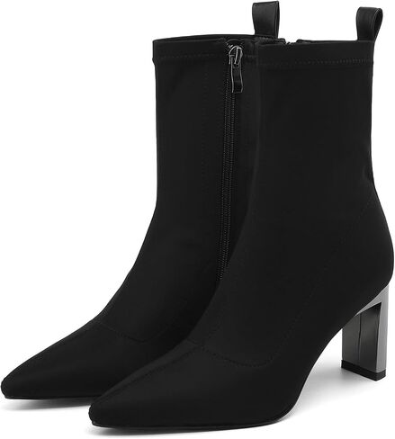 Short Black Boots Ankle Booties Pointed Toe Mid Calf Boots for Women Stretch Boots Chunky Block Heel Booties Metallic Heel in Saudi Arabia