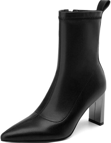 Short Black Boots Ankle Booties Pointed Toe Mid Calf Boots for Women Stretch Boots Chunky Block Heel Booties Metallic Heel in Saudi Arabia