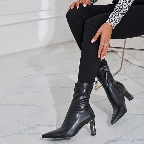 Short Black Boots Ankle Booties Pointed Toe Mid Calf Boots for Women Stretch Boots Chunky Block Heel Booties Metallic Heel in Saudi Arabia