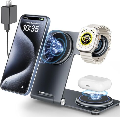 3 in 1 Wireless Charging Station for Multiple Devices, RR SPORTS Foldable Metal Wireless Charger Stand for MagSafe for iPhone 15/14/13/12 Series,iWatch 2-9/Ultra,AirPods Pro(with Adapter,Silver) in Saudi Arabia