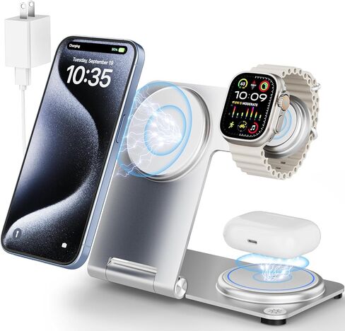 3 in 1 Wireless Charging Station for Multiple Devices, RR SPORTS Foldable Metal Wireless Charger Stand for MagSafe for iPhone 15/14/13/12 Series,iWatch 2-9/Ultra,AirPods Pro(with Adapter,Silver) in Saudi Arabia