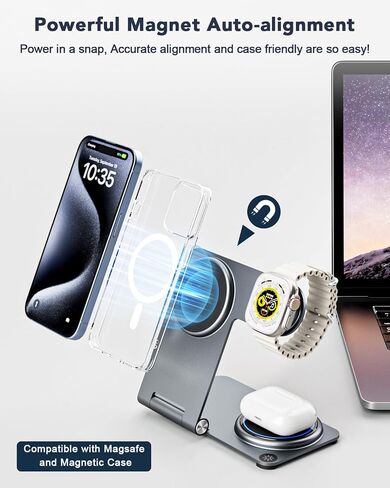 3 in 1 Wireless Charging Station for Multiple Devices, RR SPORTS Foldable Metal Wireless Charger Stand for MagSafe for iPhone 15/14/13/12 Series,iWatch 2-9/Ultra,AirPods Pro(with Adapter,Silver) in Saudi Arabia