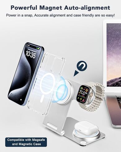 3 in 1 Wireless Charging Station for Multiple Devices, RR SPORTS Foldable Metal Wireless Charger Stand for MagSafe for iPhone 15/14/13/12 Series,iWatch 2-9/Ultra,AirPods Pro(with Adapter,Silver) in Saudi Arabia