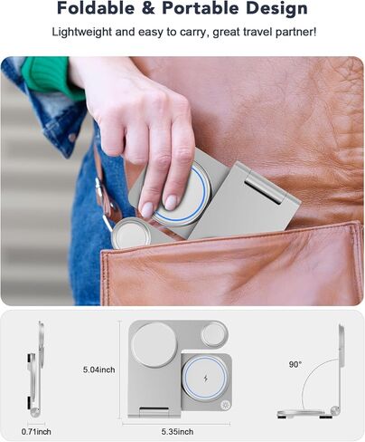 3 in 1 Wireless Charging Station for Multiple Devices, RR SPORTS Foldable Metal Wireless Charger Stand for MagSafe for iPhone 15/14/13/12 Series,iWatch 2-9/Ultra,AirPods Pro(with Adapter,Silver) in Saudi Arabia