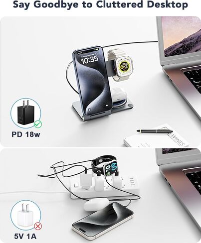 3 in 1 Wireless Charging Station for Multiple Devices, RR SPORTS Foldable Metal Wireless Charger Stand for MagSafe for iPhone 15/14/13/12 Series,iWatch 2-9/Ultra,AirPods Pro(with Adapter,Silver) in Saudi Arabia