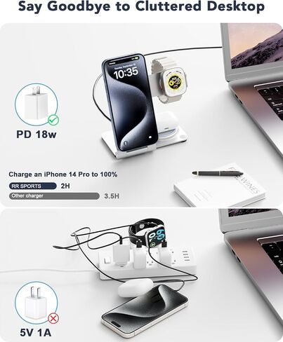 3 in 1 Wireless Charging Station for Multiple Devices, RR SPORTS Foldable Metal Wireless Charger Stand for MagSafe for iPhone 15/14/13/12 Series,iWatch 2-9/Ultra,AirPods Pro(with Adapter,Silver) in Saudi Arabia
