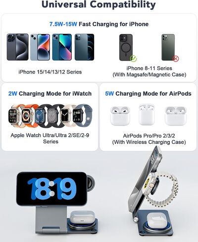 3 in 1 Wireless Charging Station for Multiple Devices, RR SPORTS Foldable Metal Wireless Charger Stand for MagSafe for iPhone 15/14/13/12 Series,iWatch 2-9/Ultra,AirPods Pro(with Adapter,Silver) in Saudi Arabia