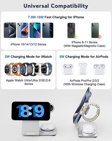 3 in 1 Wireless Charging Station for Multiple Devices, RR SPORTS Foldable Metal Wireless Charger Stand for MagSafe for iPhone 15/14/13/12 Series,iWatch 2-9/Ultra,AirPods Pro(with Adapter,Silver) in Saudi Arabia