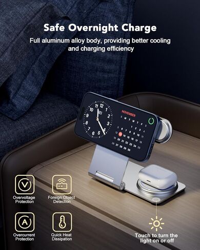 3 in 1 Wireless Charging Station for Multiple Devices, RR SPORTS Foldable Metal Wireless Charger Stand for MagSafe for iPhone 15/14/13/12 Series,iWatch 2-9/Ultra,AirPods Pro(with Adapter,Silver) in Saudi Arabia