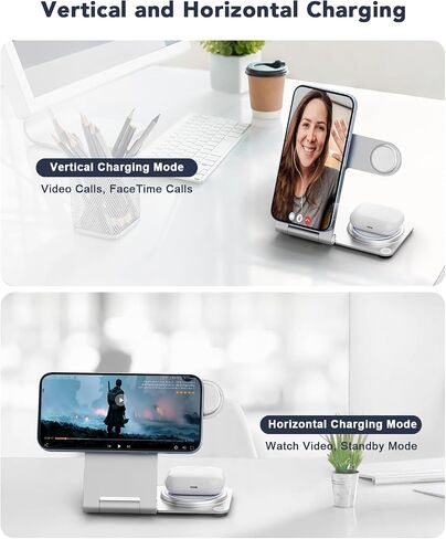 3 in 1 Wireless Charging Station for Multiple Devices, RR SPORTS Foldable Metal Wireless Charger Stand for MagSafe for iPhone 15/14/13/12 Series,iWatch 2-9/Ultra,AirPods Pro(with Adapter,Silver) in Saudi Arabia