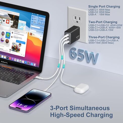 كتلة شاحن USB C، Agtray 3-Port 65W Type C شحن سريع للغاية PD/PPS شاحن حائط قابس محول الطاقة متوافق مع iPad MacBook Pro Air، iPhone 15 14 13 Pro Max، Samsung Galaxy S24 S23 Tabs in Kuwait