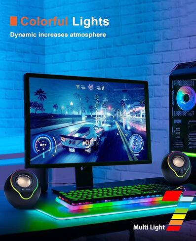 سماعات كمبيوتر LENRUE، مكبرات صوت للكمبيوتر الشخصي مع أضواء RGB ملونة، صوت ستيريو 10 وات، 47 بوصة AUX طويل للغاية ومزود بمنفذ USB للكمبيوتر الشخصي، سطح المكتب، الكمبيوتر المحمول، الألعاب (أسود) in Kuwait