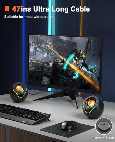 سماعات كمبيوتر LENRUE، مكبرات صوت للكمبيوتر الشخصي مع أضواء RGB ملونة، صوت ستيريو 10 وات، 47 بوصة AUX طويل للغاية ومزود بمنفذ USB للكمبيوتر الشخصي، سطح المكتب، الكمبيوتر المحمول، الألعاب (أسود) in Kuwait
