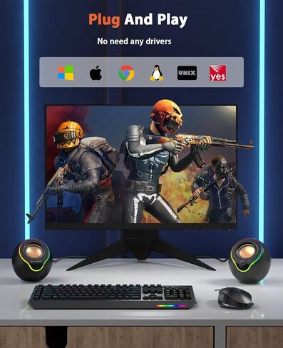 سماعات كمبيوتر LENRUE، مكبرات صوت للكمبيوتر الشخصي مع أضواء RGB ملونة، صوت ستيريو 10 وات، 47 بوصة AUX طويل للغاية ومزود بمنفذ USB للكمبيوتر الشخصي، سطح المكتب، الكمبيوتر المحمول، الألعاب (أسود) in Kuwait