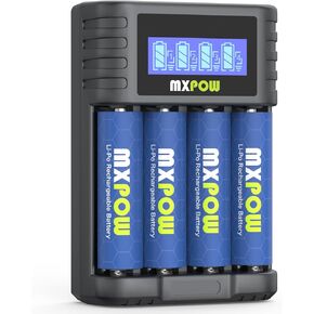 Rechargeable Batteries AA Lithium 1.5V 3400mWh,AA Lithium Rechargeable Batteries 4 Count 1500 Cycle with Smart Charger