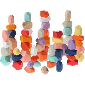 60 Pcs Stacking Rocks Montessori Toys for 1+ Year Old Colorful Wooden Balance Stones Baby Easter Basket Stuffers Blocks Sensory Games Preschool Learning Educational Puzzle Toys(Fresh Color)