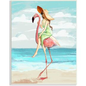 Stupell Industries Beach Woman Riding Pink Flamingo Tall Tropical Bird, Designed by Ziwei Li Wall Plaque, 10 x 15, Green