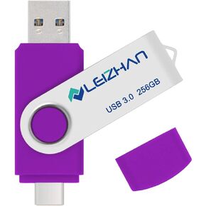 Leizhan 256GB USB Flash Drive Type C Phone Picture Stick 3.0 متوافق مع HTC 10، Huawei P20، Samsung Galaxy S10، S9، Note 9، S8، S8 Plus، أرجواني